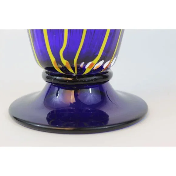 Hand Blown Cobalt Blue Art Glass Vase 12” Pulled Line Design Pedestal Foot Mexic